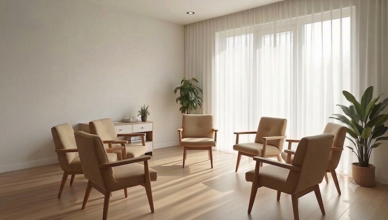 A circle of empty chairs in a bright room